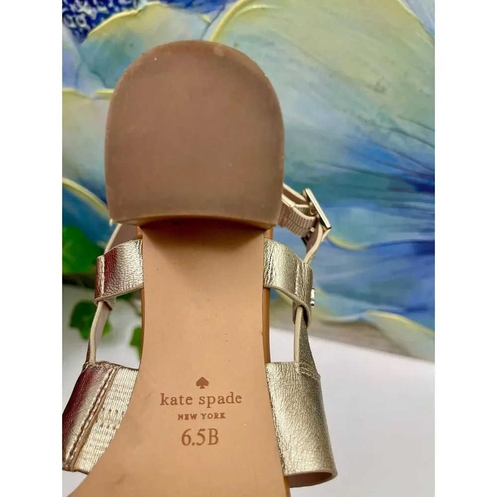 Kate Spade New York Metallic Gold Leather Slingback Block Heel Sandals Size 6.5